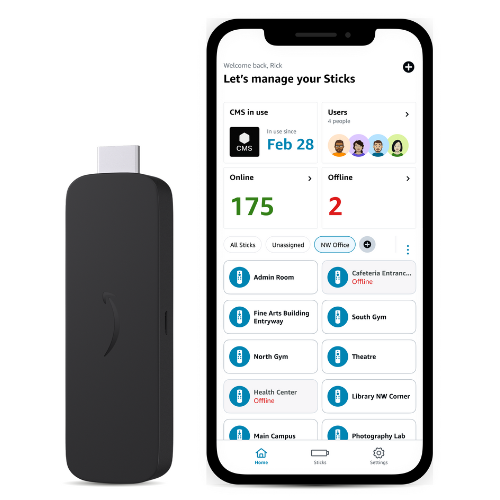 Image of the Amazon Signage Stick along side the Amazon Signage App on mobile device